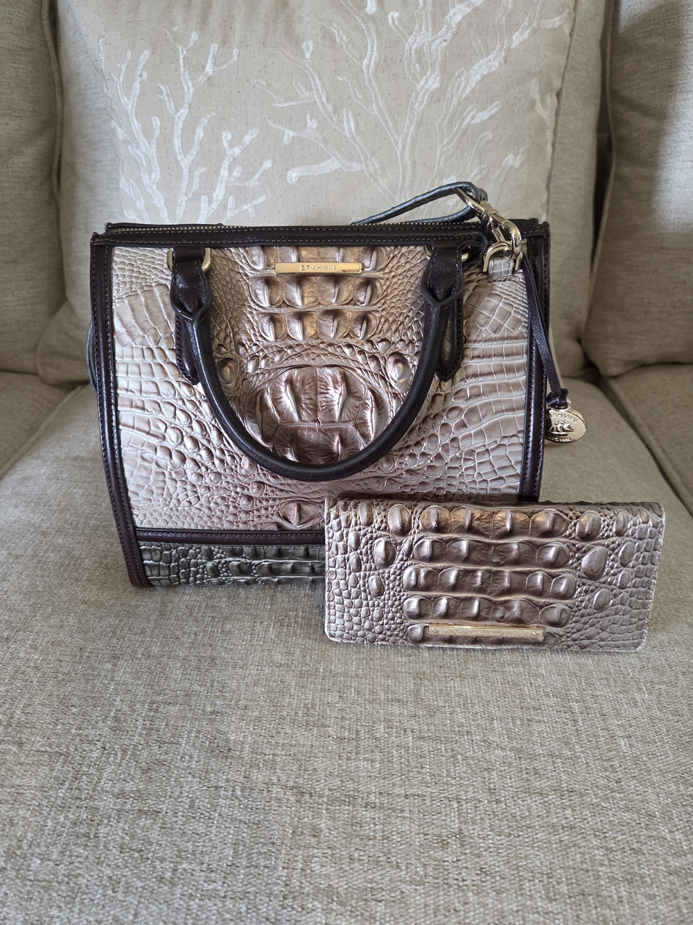 Croc-Embossed Satchel & Wallet Set - Metallic Blush